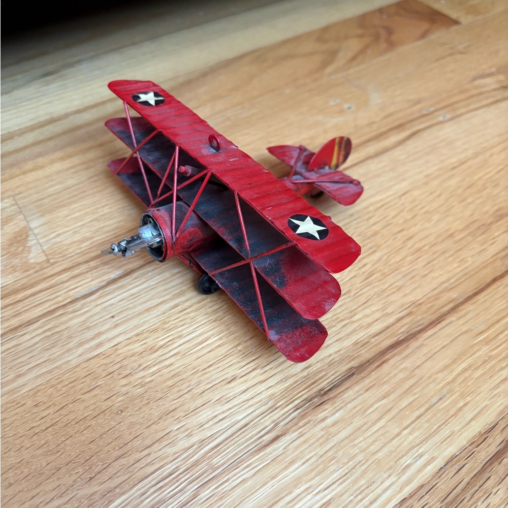 Miniature red baron airplane metal hanging decor